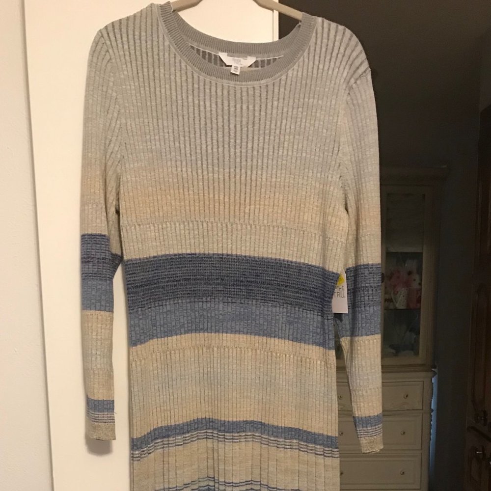 Time and True 2X (20). Multiple shades of blue, cream, and gray sweater dress.